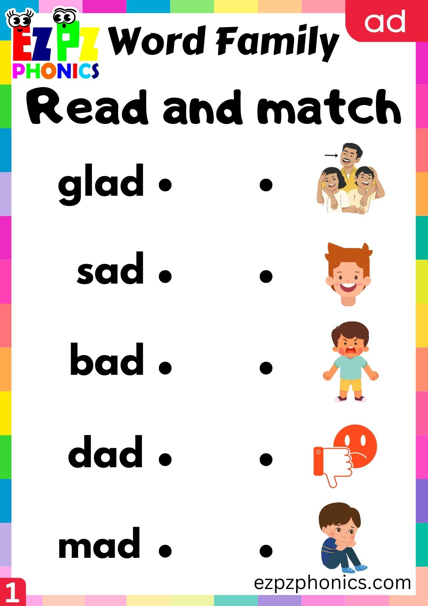 AD Words Read And Match Phonics Word Families Worksheet